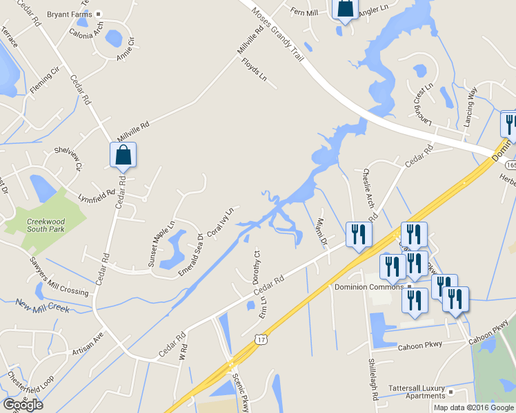 map of restaurants, bars, coffee shops, grocery stores, and more near 2045 Coral Ivy Lane in Chesapeake