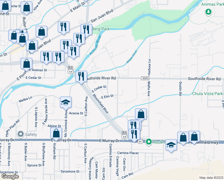 map of restaurants, bars, coffee shops, grocery stores, and more near 1650 East Elm Street in Farmington