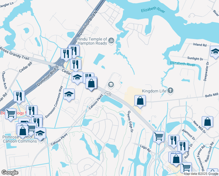 map of restaurants, bars, coffee shops, grocery stores, and more near 1426 Cedar Road in Chesapeake