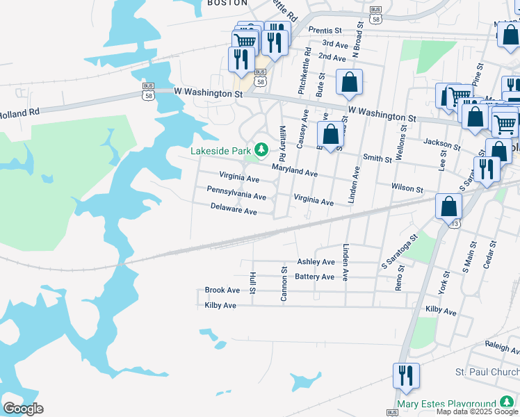 map of restaurants, bars, coffee shops, grocery stores, and more near 915 Delaware Avenue in Suffolk