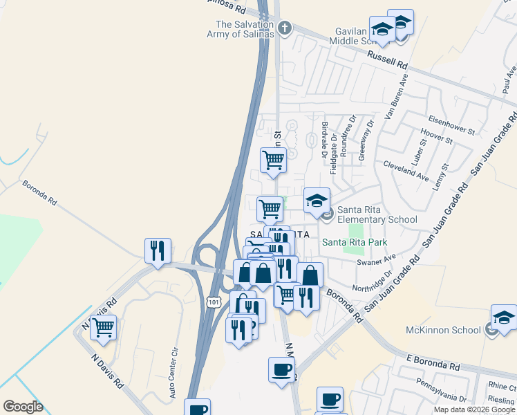 map of restaurants, bars, coffee shops, grocery stores, and more near 2103 Brutus Street in Salinas