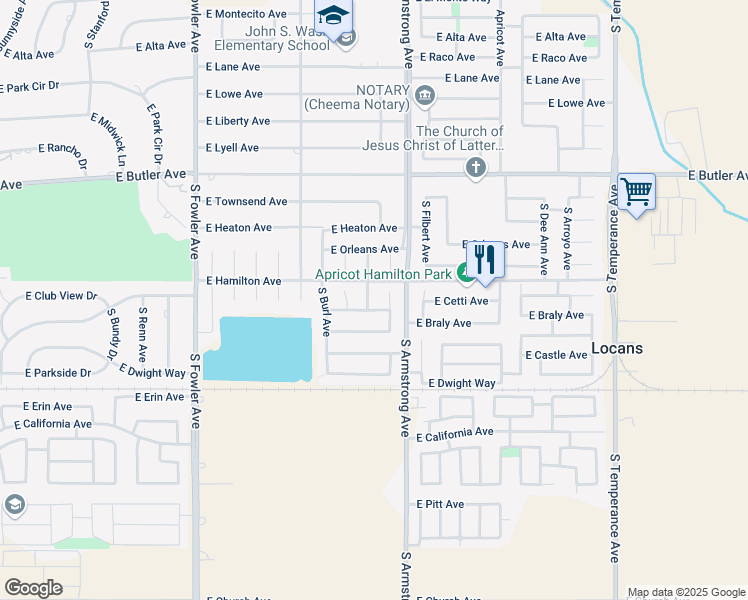 map of restaurants, bars, coffee shops, grocery stores, and more near 812 Douglas Avenue in Fresno