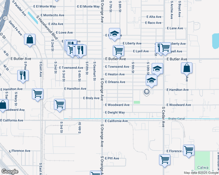 map of restaurants, bars, coffee shops, grocery stores, and more near 3645 East Hamilton Avenue in Fresno