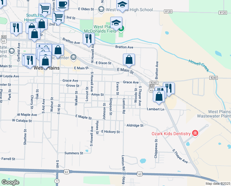 map of restaurants, bars, coffee shops, grocery stores, and more near 250-200 Evans St in West Plains