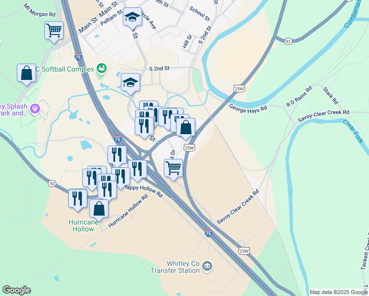 map of restaurants, bars, coffee shops, grocery stores, and more near 2013 U.S. 25W in Williamsburg