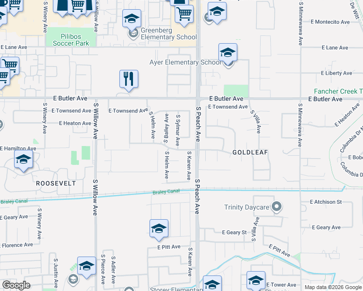 map of restaurants, bars, coffee shops, grocery stores, and more near 1704 South Karen Avenue in Fresno