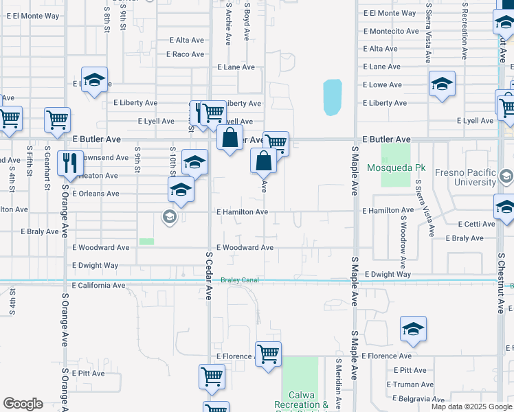 map of restaurants, bars, coffee shops, grocery stores, and more near 1650 South Chance Avenue in Fresno