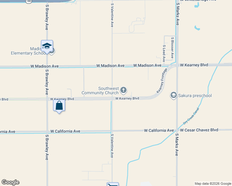 map of restaurants, bars, coffee shops, grocery stores, and more near 548 South Valentine Avenue in Fresno