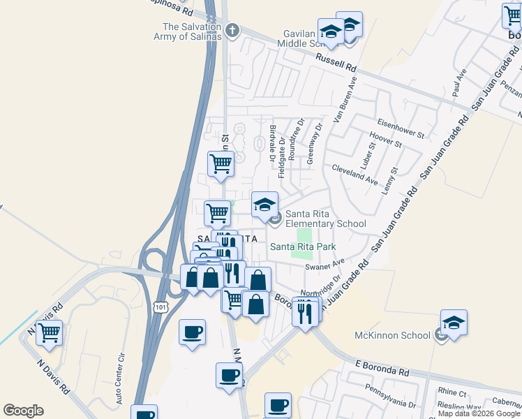 map of restaurants, bars, coffee shops, grocery stores, and more near 121 Prado Street in Salinas