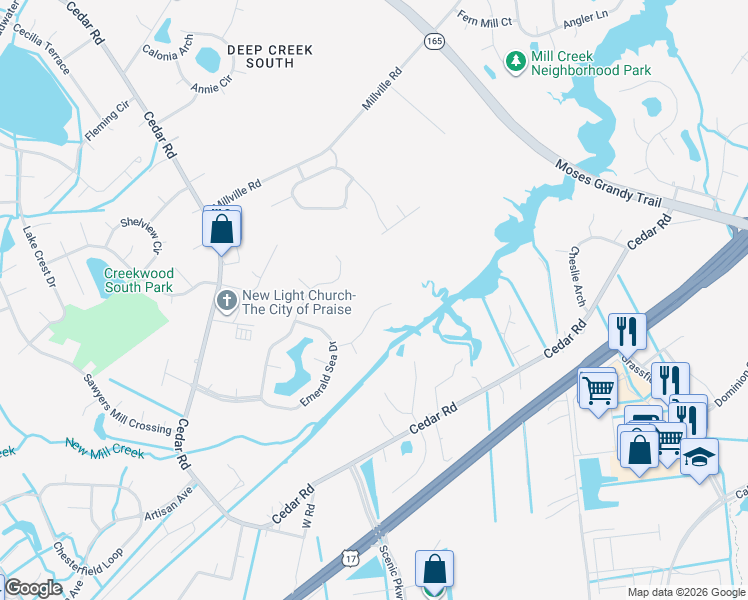 map of restaurants, bars, coffee shops, grocery stores, and more near 2042 Coral Ivy Lane in Chesapeake