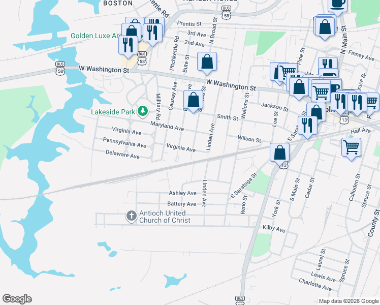 map of restaurants, bars, coffee shops, grocery stores, and more near 311 South Broad Street in Suffolk