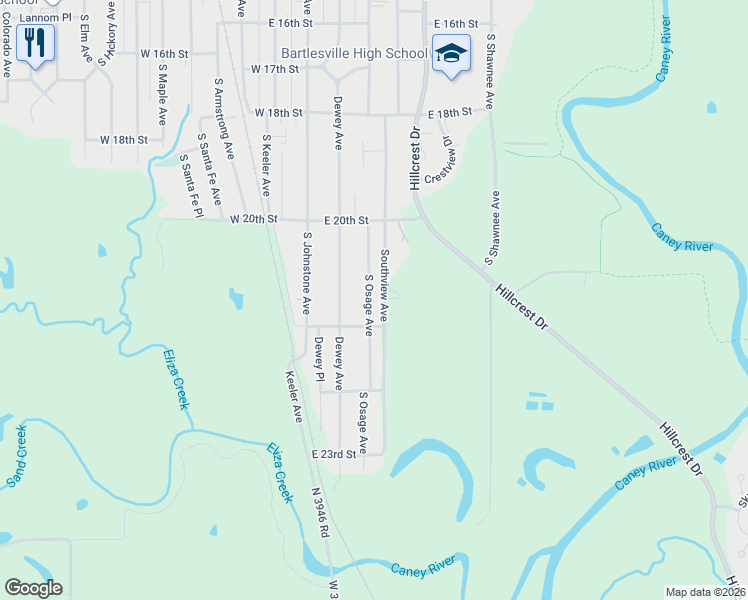 map of restaurants, bars, coffee shops, grocery stores, and more near 2058 South Osage Avenue in Bartlesville