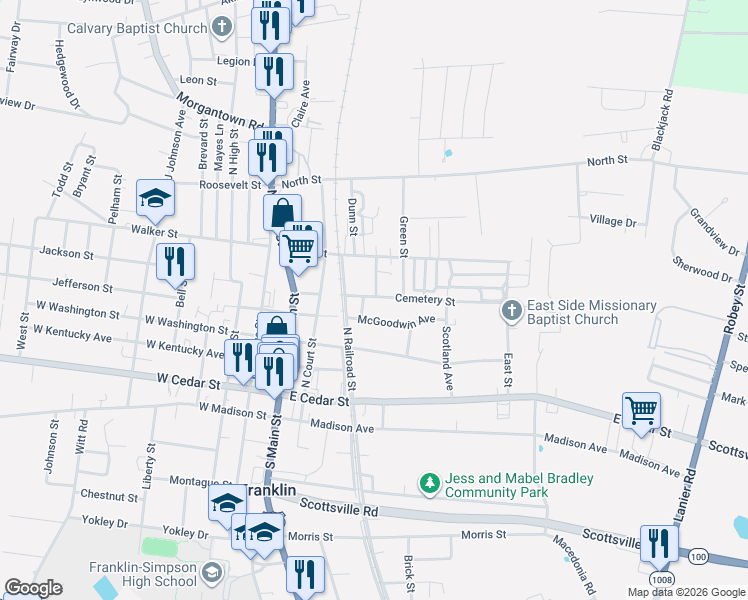 map of restaurants, bars, coffee shops, grocery stores, and more near 401-499 Larue St in Franklin