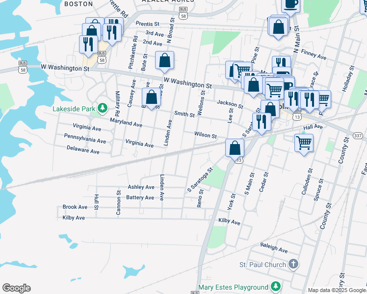 map of restaurants, bars, coffee shops, grocery stores, and more near 316 Saint James Avenue in Suffolk