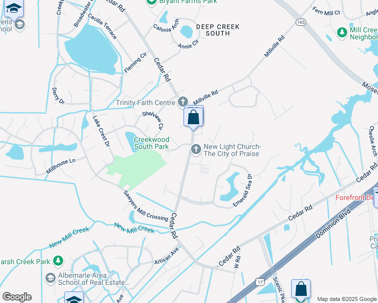 map of restaurants, bars, coffee shops, grocery stores, and more near 2417 Cedar Road in Chesapeake