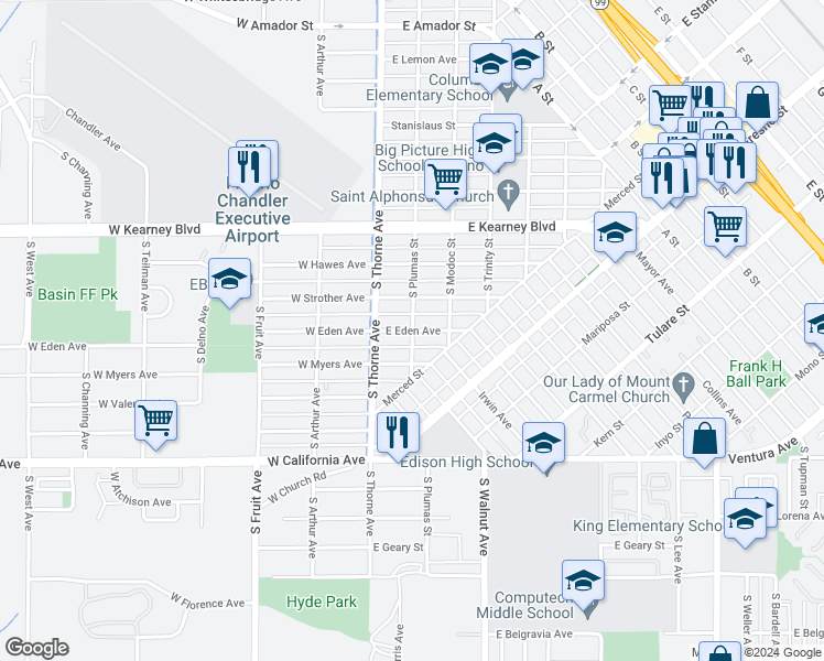 map of restaurants, bars, coffee shops, grocery stores, and more near East Eden Avenue in Fresno