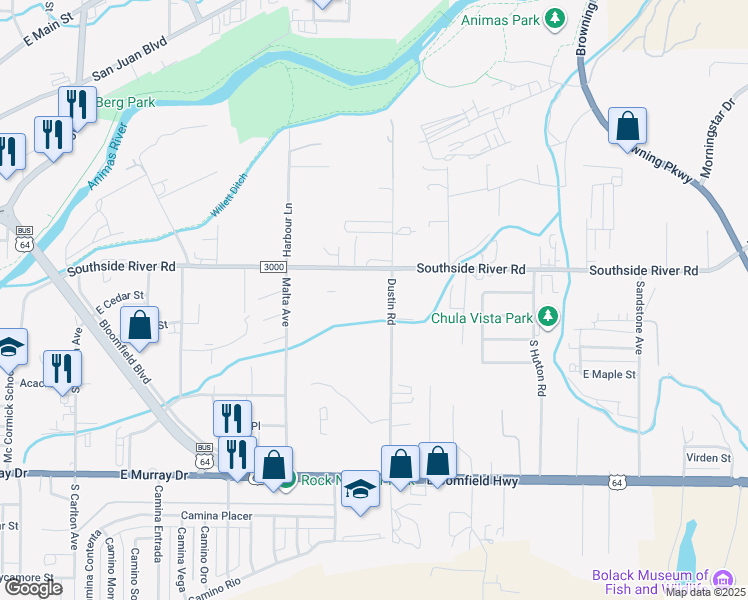 map of restaurants, bars, coffee shops, grocery stores, and more near 2605 Southside River Road in Farmington