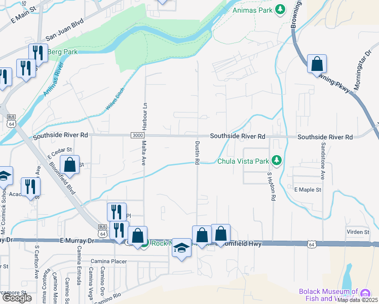 map of restaurants, bars, coffee shops, grocery stores, and more near 2605 Southside River Road in Farmington