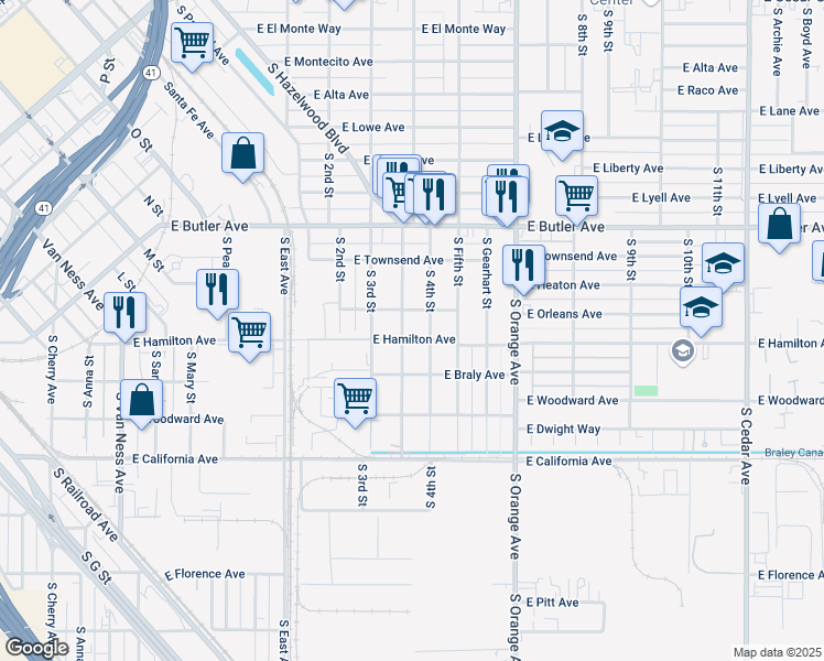 map of restaurants, bars, coffee shops, grocery stores, and more near 1703 South Hazelwood Boulevard in Fresno