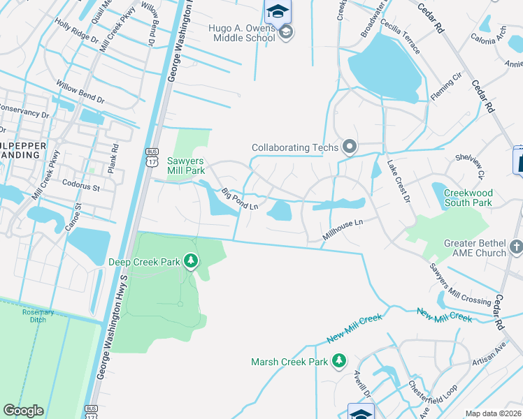 map of restaurants, bars, coffee shops, grocery stores, and more near 305 Big Pond Lane in Chesapeake