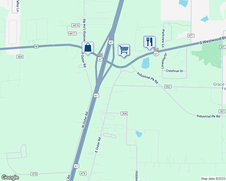 map of restaurants, bars, coffee shops, grocery stores, and more near 191 East Outer Road in Poplar Bluff