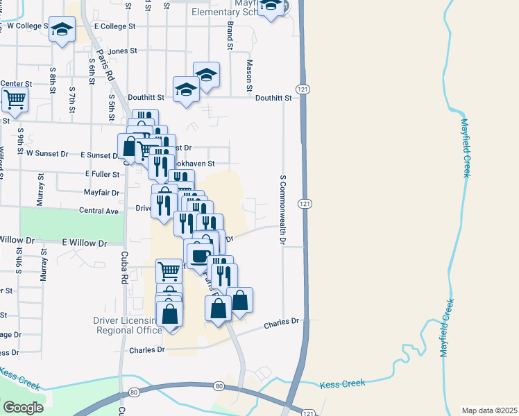 map of restaurants, bars, coffee shops, grocery stores, and more near 405 Babb Drive in Mayfield