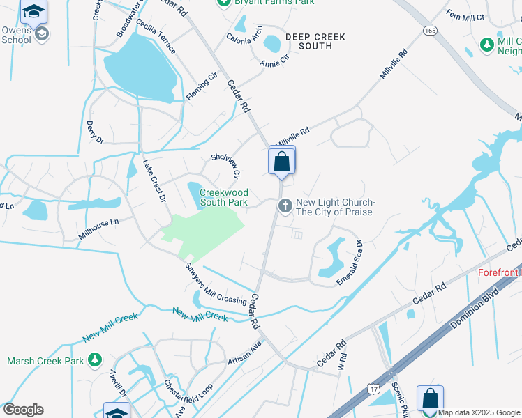 map of restaurants, bars, coffee shops, grocery stores, and more near 411 Lynnfield Road in Chesapeake