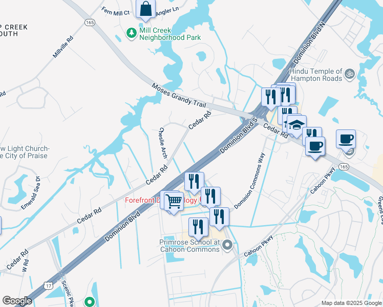 map of restaurants, bars, coffee shops, grocery stores, and more near 1815 Cedar Road in Chesapeake
