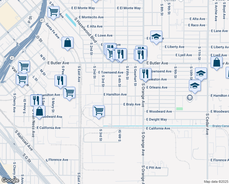 map of restaurants, bars, coffee shops, grocery stores, and more near 1703 South Hazelwood Boulevard in Fresno
