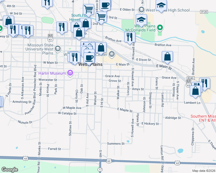 map of restaurants, bars, coffee shops, grocery stores, and more near 300-398 Grove Street in West Plains