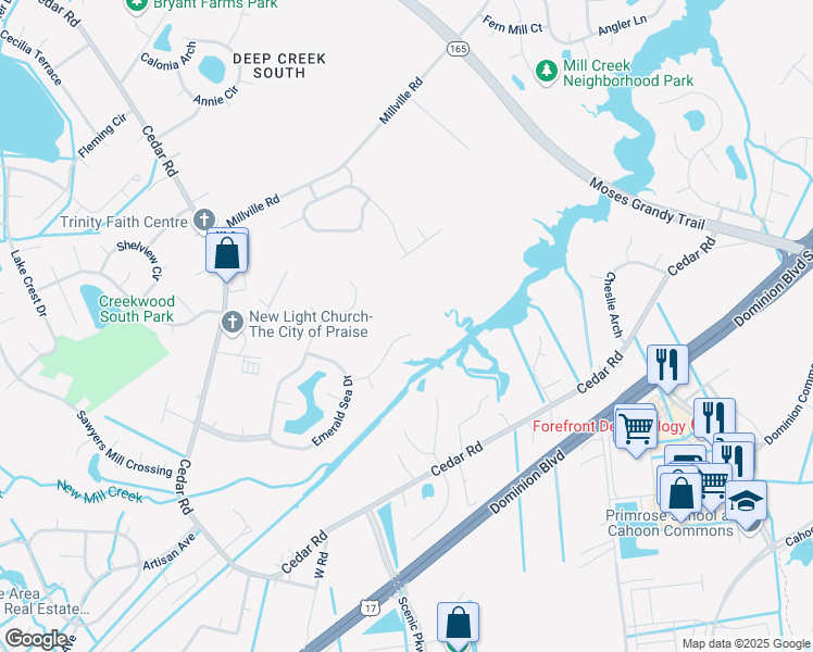 map of restaurants, bars, coffee shops, grocery stores, and more near 2042 Coral Ivy Lane in Chesapeake