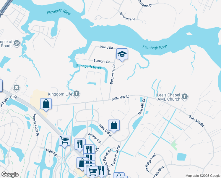 map of restaurants, bars, coffee shops, grocery stores, and more near 249 Deepwater Drive in Chesapeake