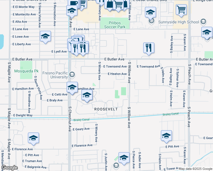map of restaurants, bars, coffee shops, grocery stores, and more near 1717 South Winery Avenue in Fresno
