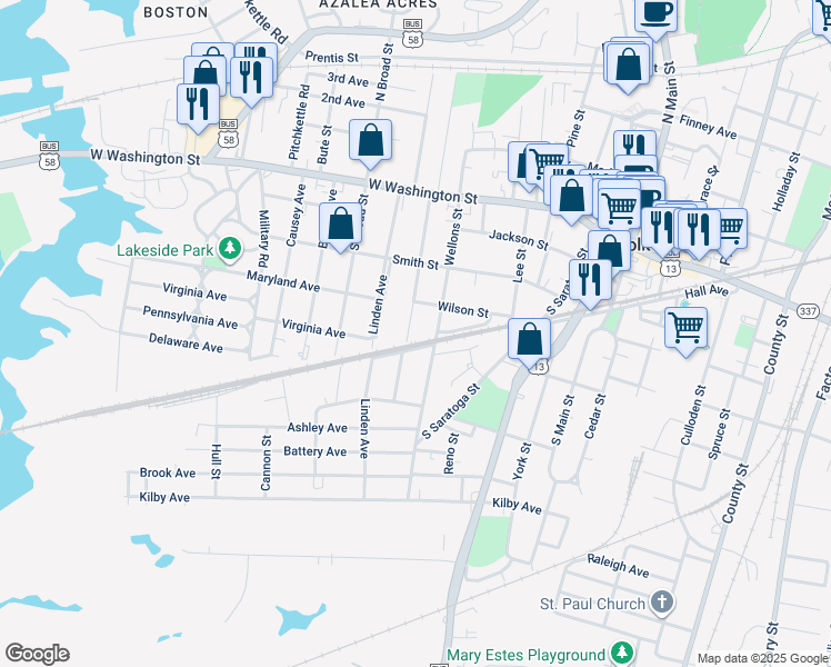 map of restaurants, bars, coffee shops, grocery stores, and more near 314 Saint James Avenue in Suffolk