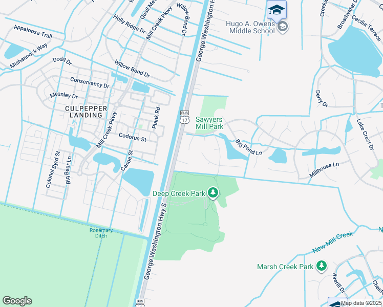 map of restaurants, bars, coffee shops, grocery stores, and more near 403 Millwright Way in Chesapeake