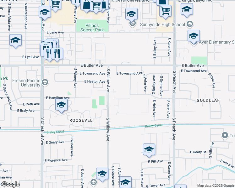 map of restaurants, bars, coffee shops, grocery stores, and more near 1733 South Willow Avenue in Fresno