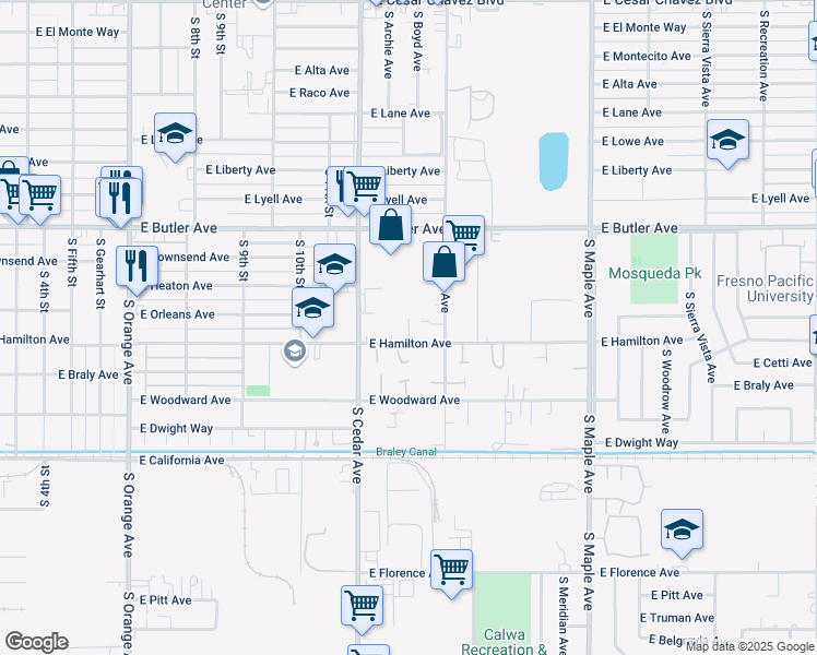 map of restaurants, bars, coffee shops, grocery stores, and more near 4331 East Hamilton Avenue in Fresno