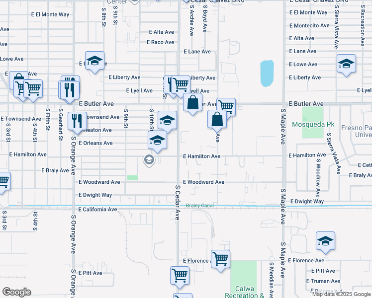 map of restaurants, bars, coffee shops, grocery stores, and more near 1621 South Cedar Avenue in Fresno