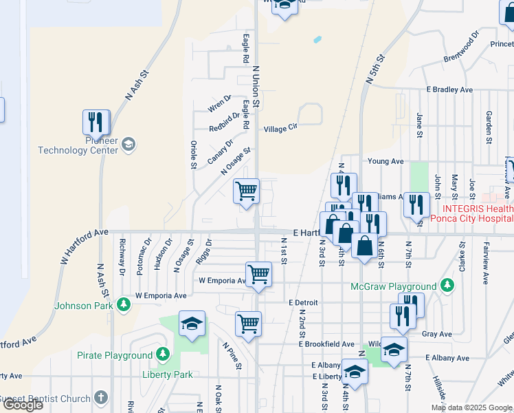 map of restaurants, bars, coffee shops, grocery stores, and more near 2101 North Union Street in Ponca City