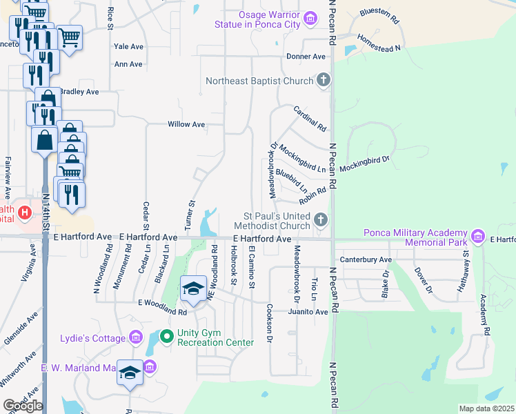 map of restaurants, bars, coffee shops, grocery stores, and more near 2000 El Camino Street in Ponca City