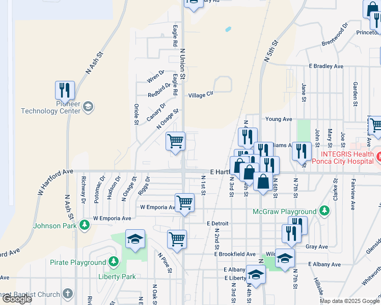 map of restaurants, bars, coffee shops, grocery stores, and more near 2101 North Union Street in Ponca City