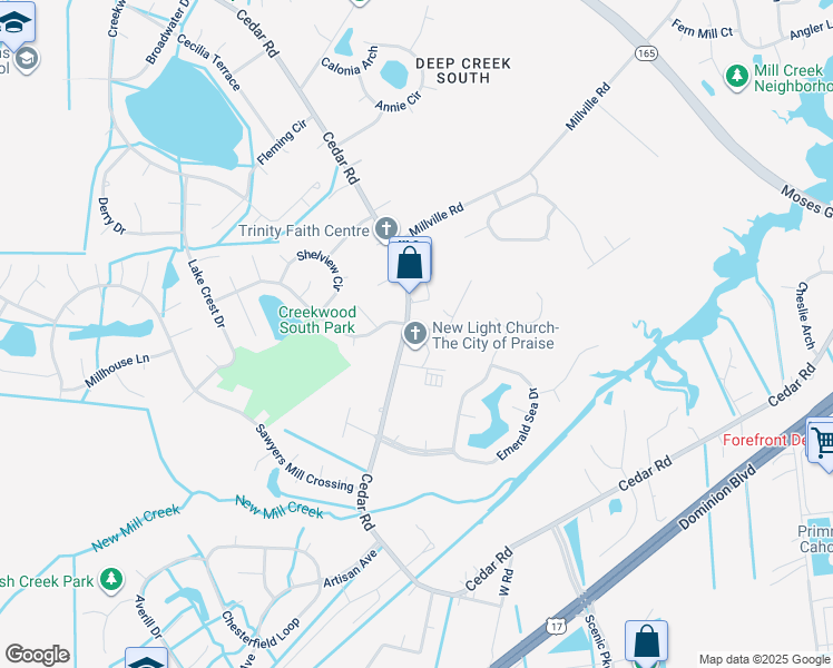 map of restaurants, bars, coffee shops, grocery stores, and more near 2420 Cedar Road in Chesapeake