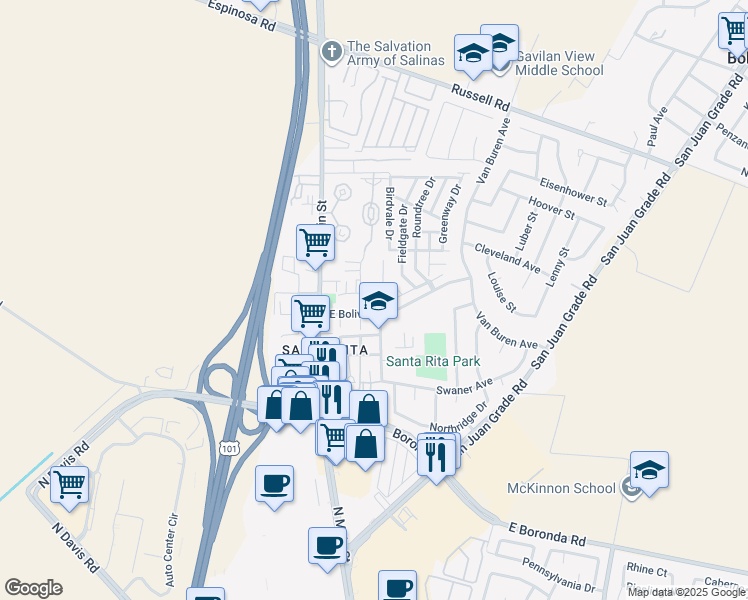 map of restaurants, bars, coffee shops, grocery stores, and more near 121 Prado Street in Salinas