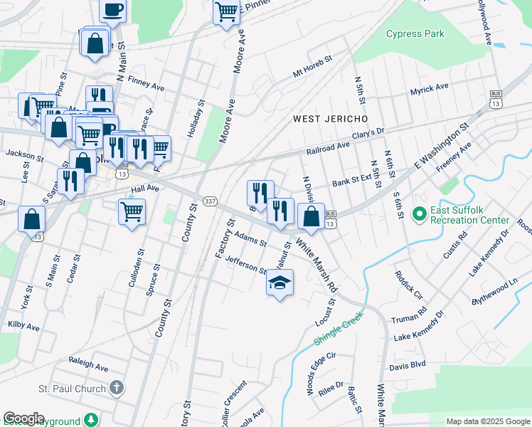 map of restaurants, bars, coffee shops, grocery stores, and more near 105 Oak Street in Suffolk