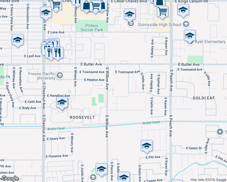 map of restaurants, bars, coffee shops, grocery stores, and more near 1733 South Willow Avenue in Fresno