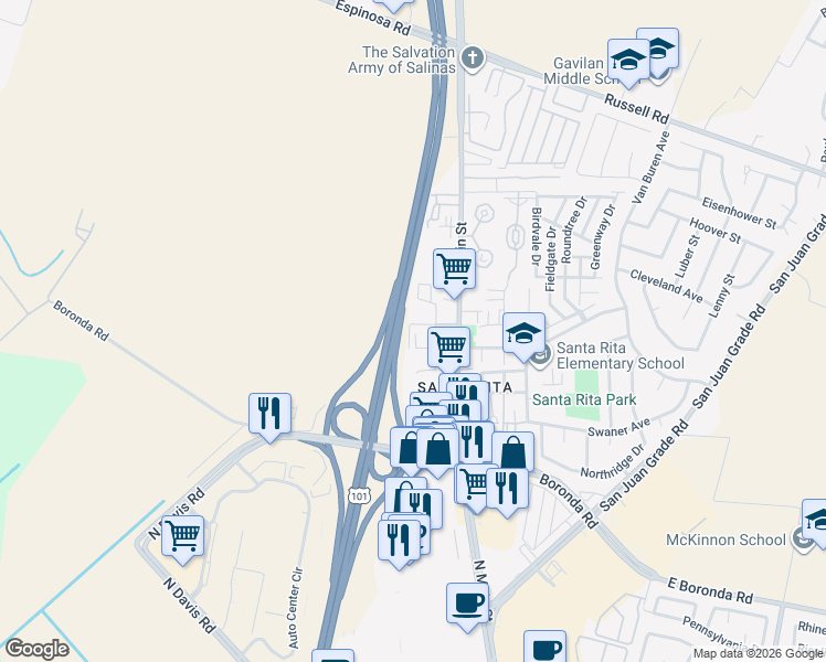 map of restaurants, bars, coffee shops, grocery stores, and more near 2167 Brutus Street in Salinas