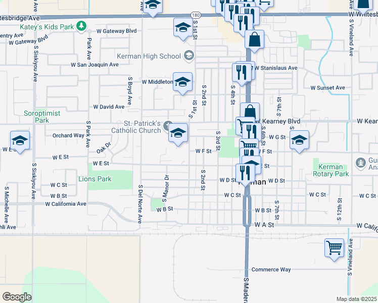 map of restaurants, bars, coffee shops, grocery stores, and more near 601 South 1st Street in Kerman