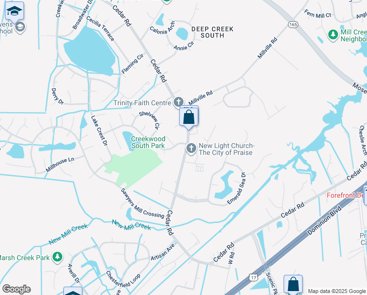 map of restaurants, bars, coffee shops, grocery stores, and more near 2417 Cedar Road in Chesapeake