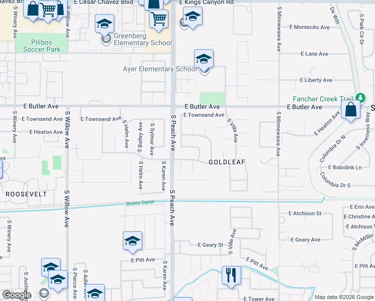 map of restaurants, bars, coffee shops, grocery stores, and more near 5243 East Orleans Avenue in Fresno