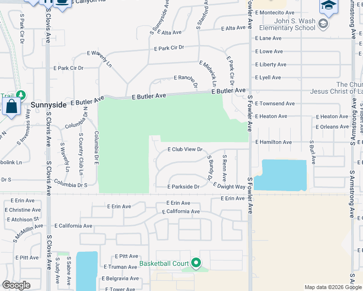 map of restaurants, bars, coffee shops, grocery stores, and more near 5867 East Club View Drive in Fresno